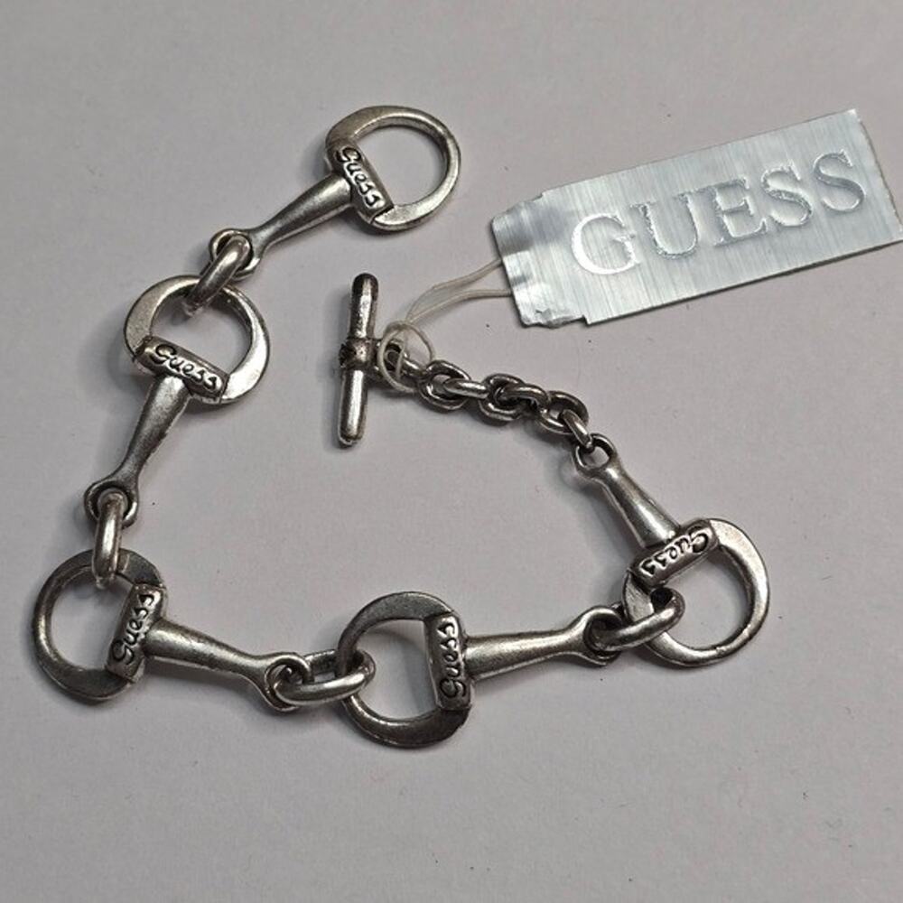 Guess Horse Bit Link Bracelet Silver Tone Equestrian Snaffle Toggle Clasp 7.75in